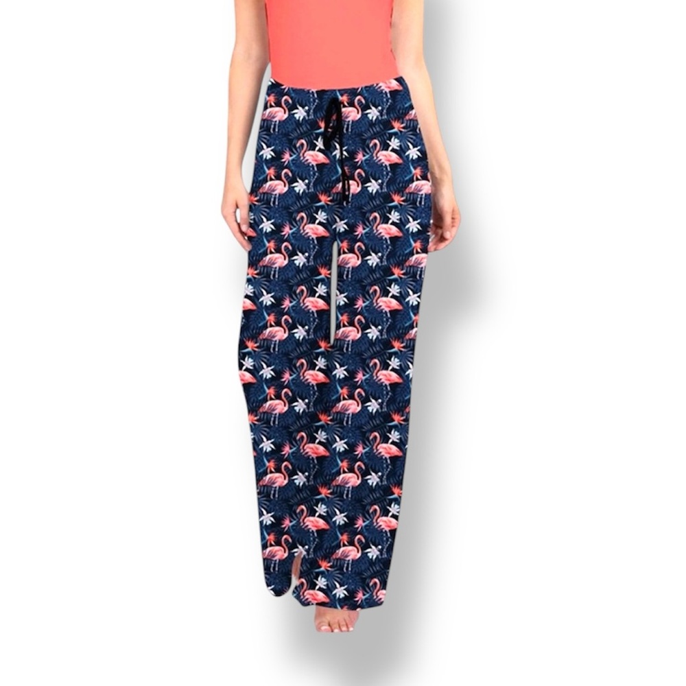 Flamingo Print on Navy Background Wide Leg Elastic Waist Loungers with Pockets